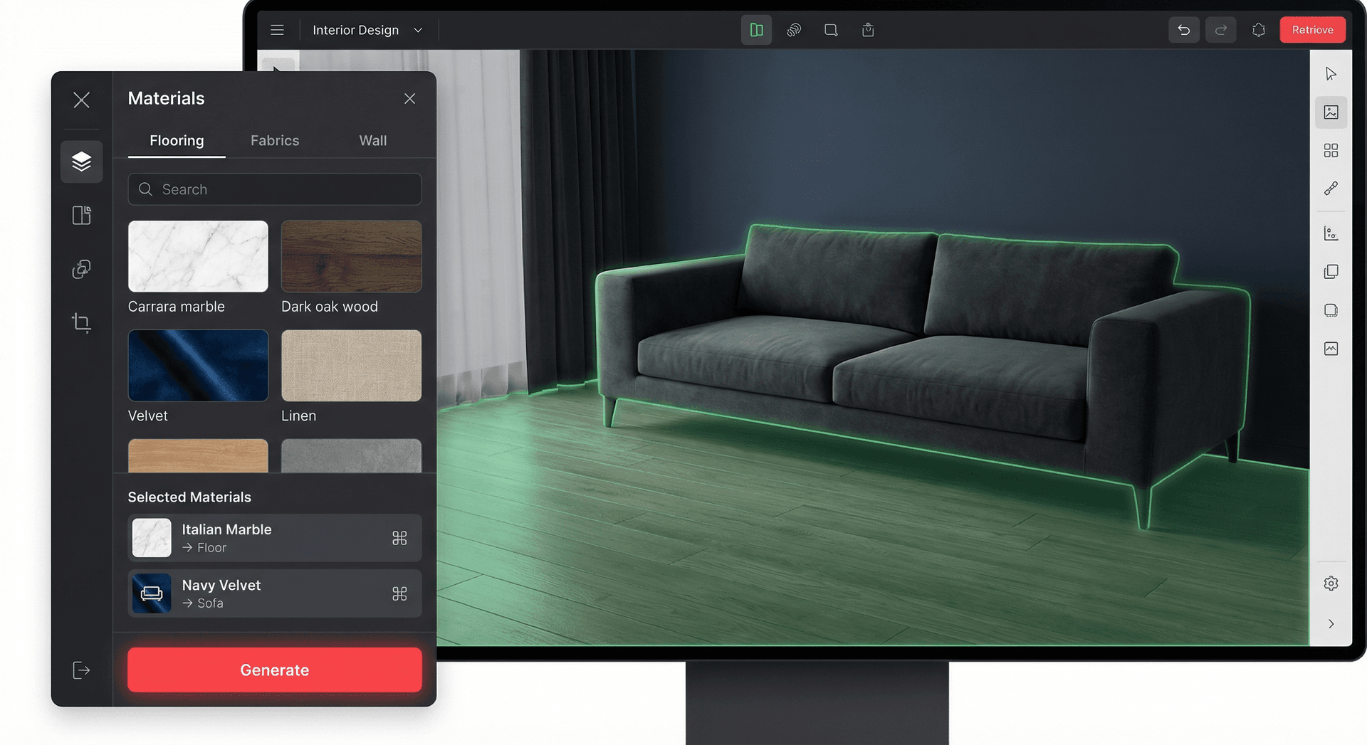 Materials panel with swatches assigned to selected segments
