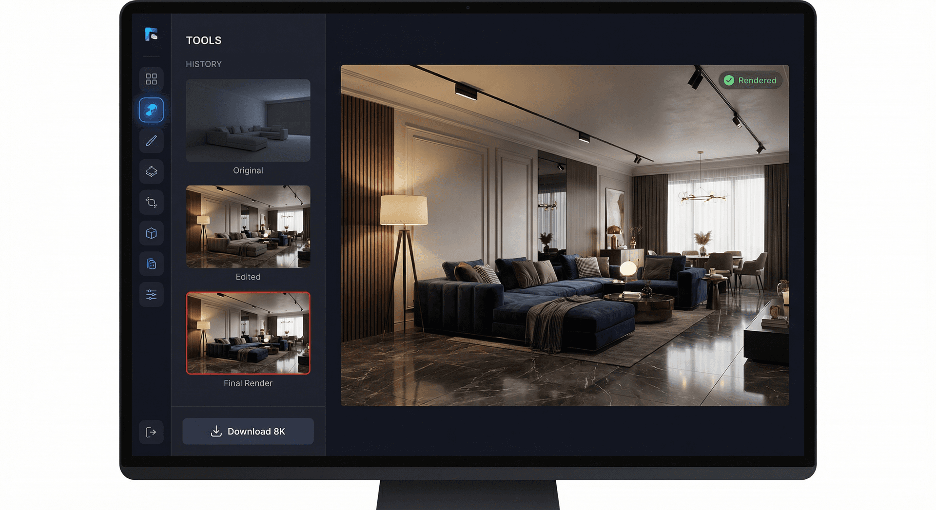 Completed photorealistic render with history panel showing progression
