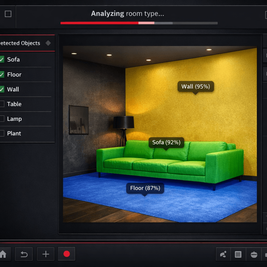 Room with AI-detected segments highlighted in green, yellow, and blue overlays