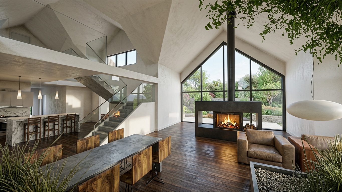 Photoreal render of the same living room