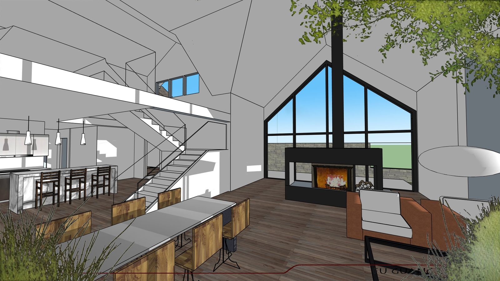 SketchUp model of a vaulted living room